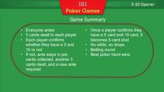 101 Poker Games – Instructions for Texas Holdem, 5-Card Stud, and 5-10 Opener