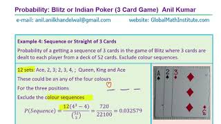 Probability in the Game of Poker with 3 Cards and 5 Cards Straight Flush Doubles Exam Questions