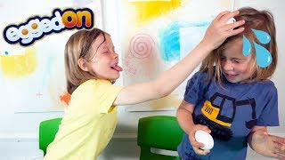 Gary and Evan Play Egged On | Eggedon Roulette Challenge for kids